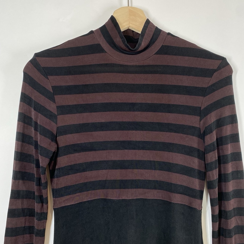 BCBG Maxazria Striped Mockneck Dress XS Emo Twee Black Jersey Knit Long Sleeve - Picture 2 of 14